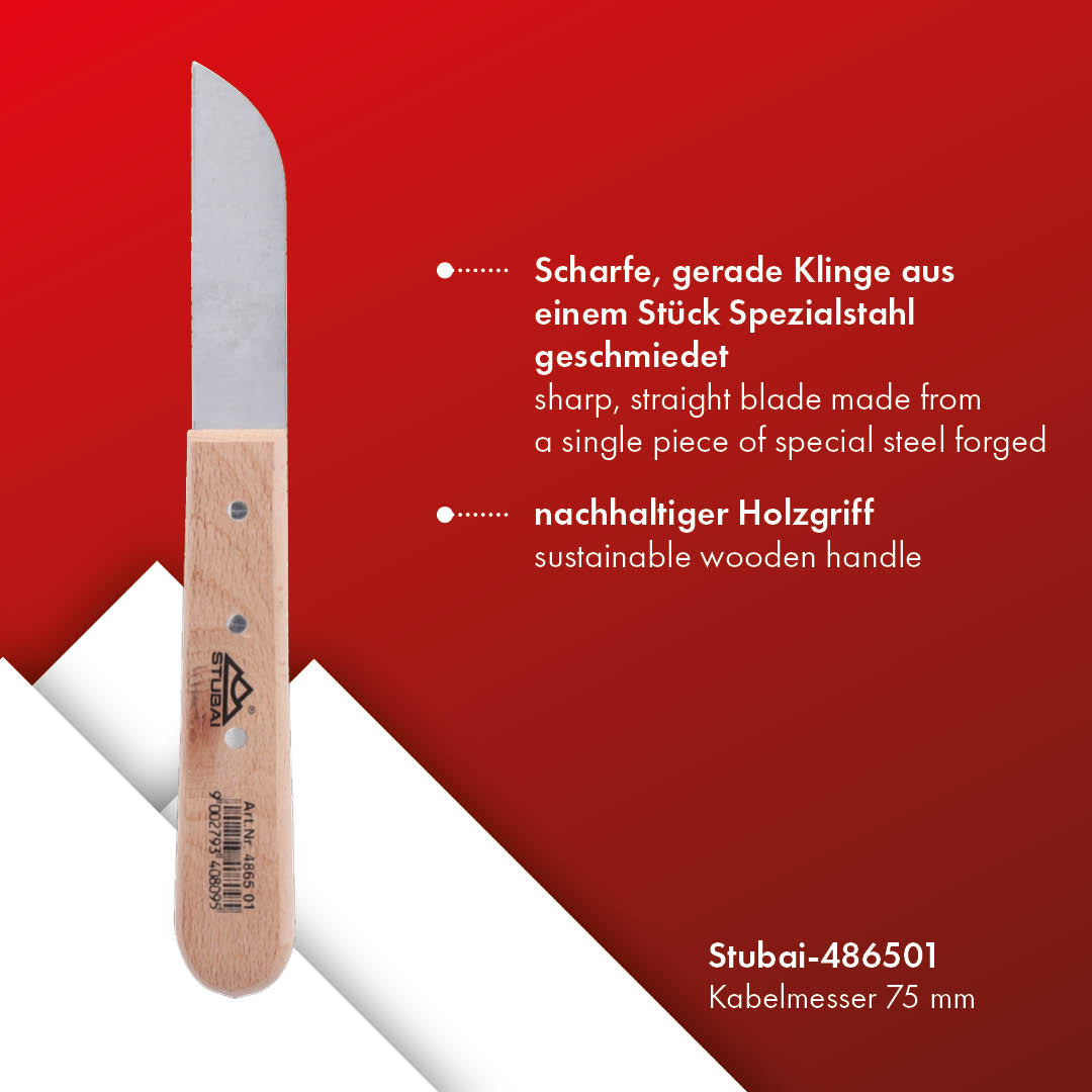 STUBAI Kabelmesser | 75 mm ohne Kerbe | Stahl geschmiedet mit Holzgriff | scharfes Profimesser