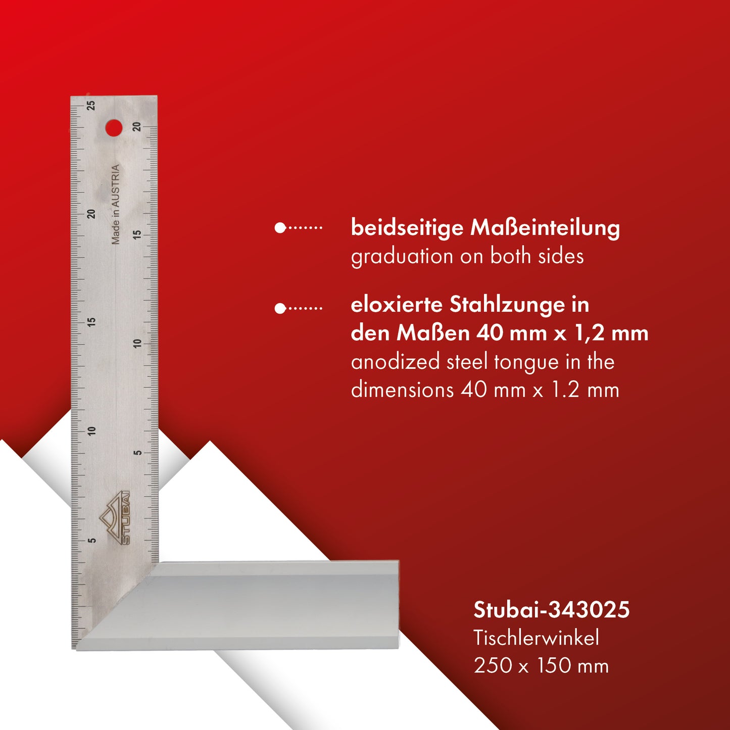 STUBAI Tischlerwinkel beidseitige Maßeinteilung | 250 x 150 mm | hochwertige Federstahlschiene mit eloxiertem Aluschenkel | Profi Winkelmesser für präzise Messungen und Markierungen