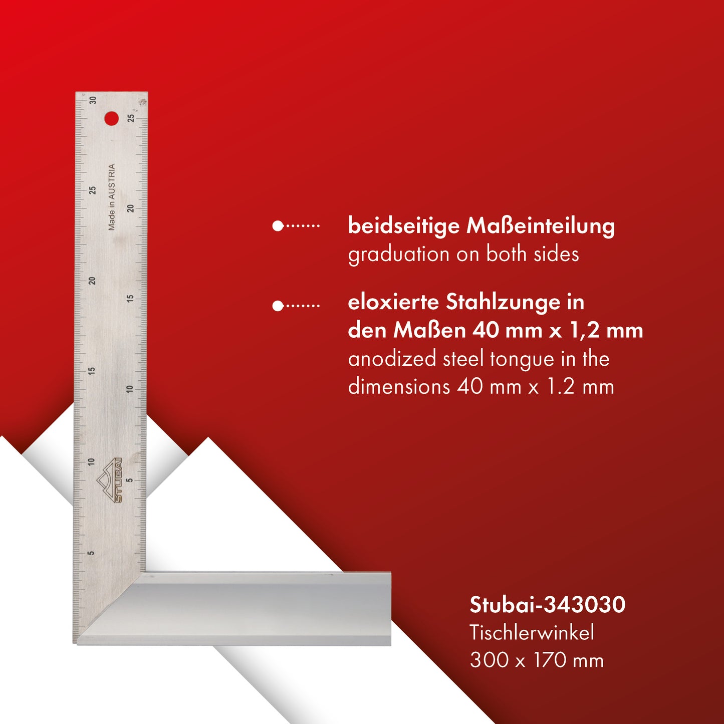 STUBAI Tischlerwinkel beidseitige Maßeinteilung | 300 x 170 mm | hochwertige Federstahlschiene mit eloxiertem Aluschenkel | Profi Winkelmesser für präzise Messungen und Markierungen