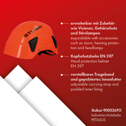 STUBAI Industrieschutzhelm PETASUS | Orange, 560 g | Kopfschutzhelm EN 397 zum Schutz des Kopfes vor Stößen und Kopfverletzungen in der Bauindustrie, Forstwirtschaft, Fabriken