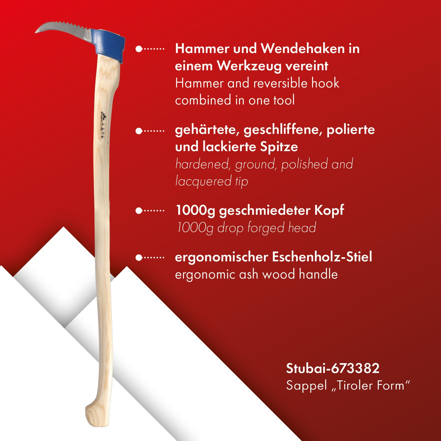 STUBAI Sappie Tiroler Form mit Zahnung | 1000 g Kopfgewicht | Eschenholzstiel | gesenkgeschmiedet, gehärtete Spitze, geschliffen & poliert | ideal zum Ziehen & Bewegen von Holz