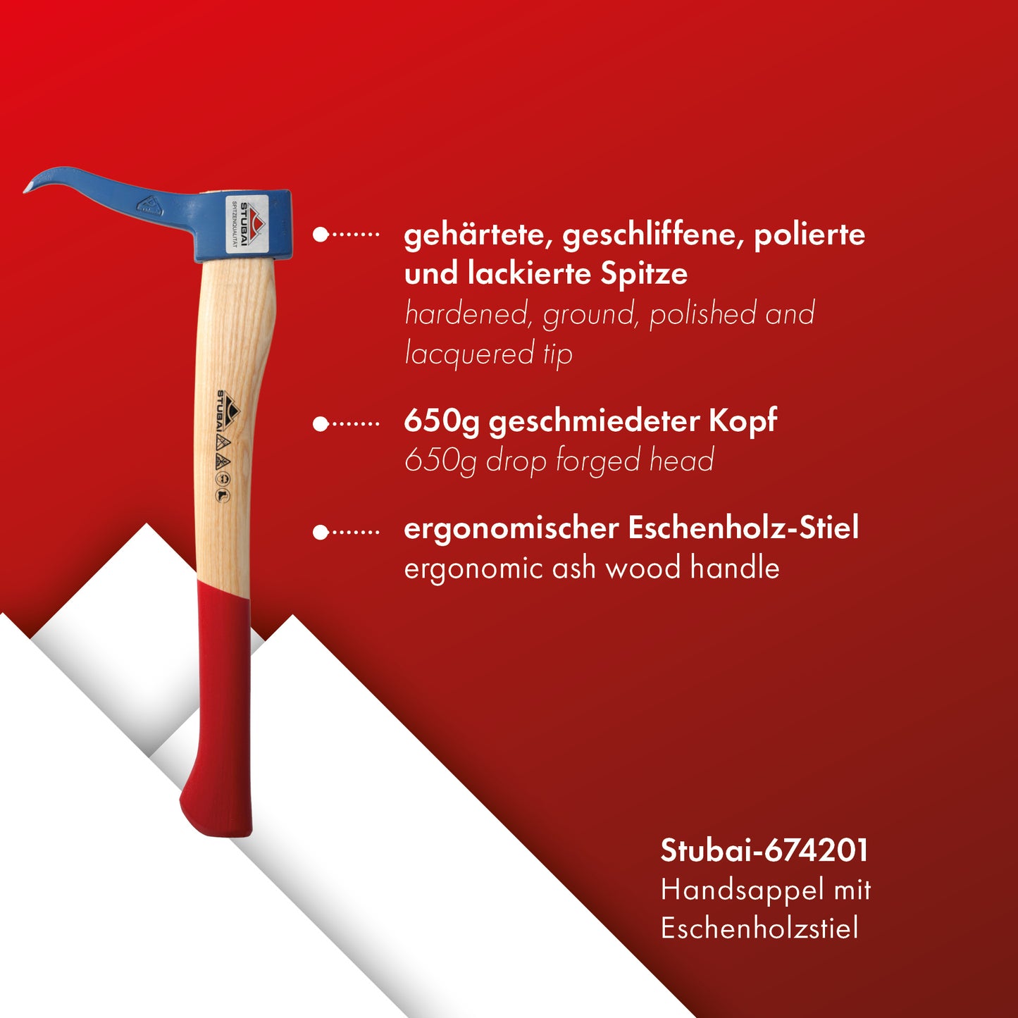 STUBAI Handsappel mit Eschenholzstiel | 450 mm, 650 g Kopfgewicht | Handsappel Gesenkgeschmiedet | zum Aufnehmen und Transportieren von Holzstücken und Baumstämmen