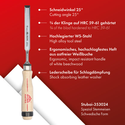 STUBAI Spezial Stechbeitel mit Holzgriff aus Weißbuche, schwedische Form, Ø 14 mm, Stemmeisen zur präzisen Bearbeitung von Holz, Stecheisen für Schreiner Tischler Heimwerker
