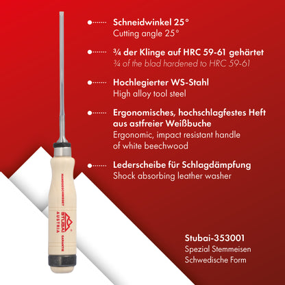 STUBAI Spezial Stechbeitel mit Holzgriff aus Weißbuche, schwedische Form, Ø 4 mm, Stemmeisen zur präzisen Bearbeitung von Holz, Stecheisen für Schreiner Tischler Heimwerker