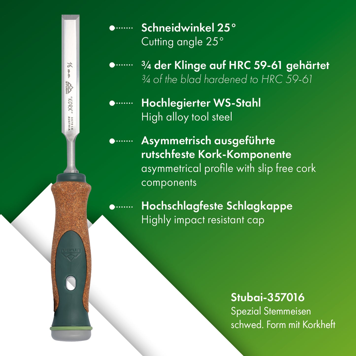 Stemmeisen mit rutschfestem Korkgriff aus nachhaltiger Herstellung, 16mm, STUBAI Stechbeitel zur präzisen Holzbearbeitung, Spezial Stecheisen