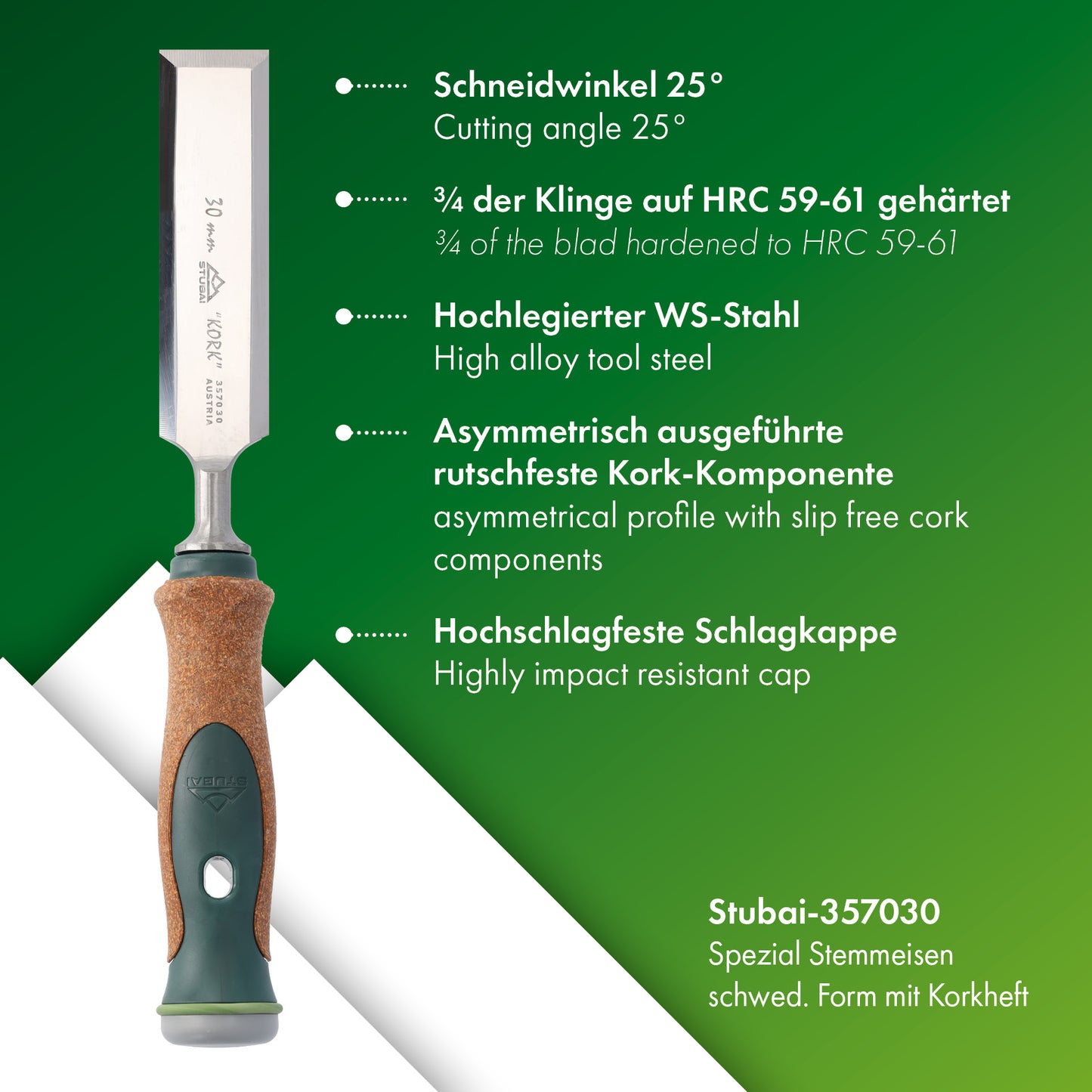 Stemmeisen mit rutschfestem Korkgriff aus nachhaltiger Herstellung, 30mm, STUBAI Stechbeitel zur präzisen Holzbearbeitung, Spezial Stecheisen