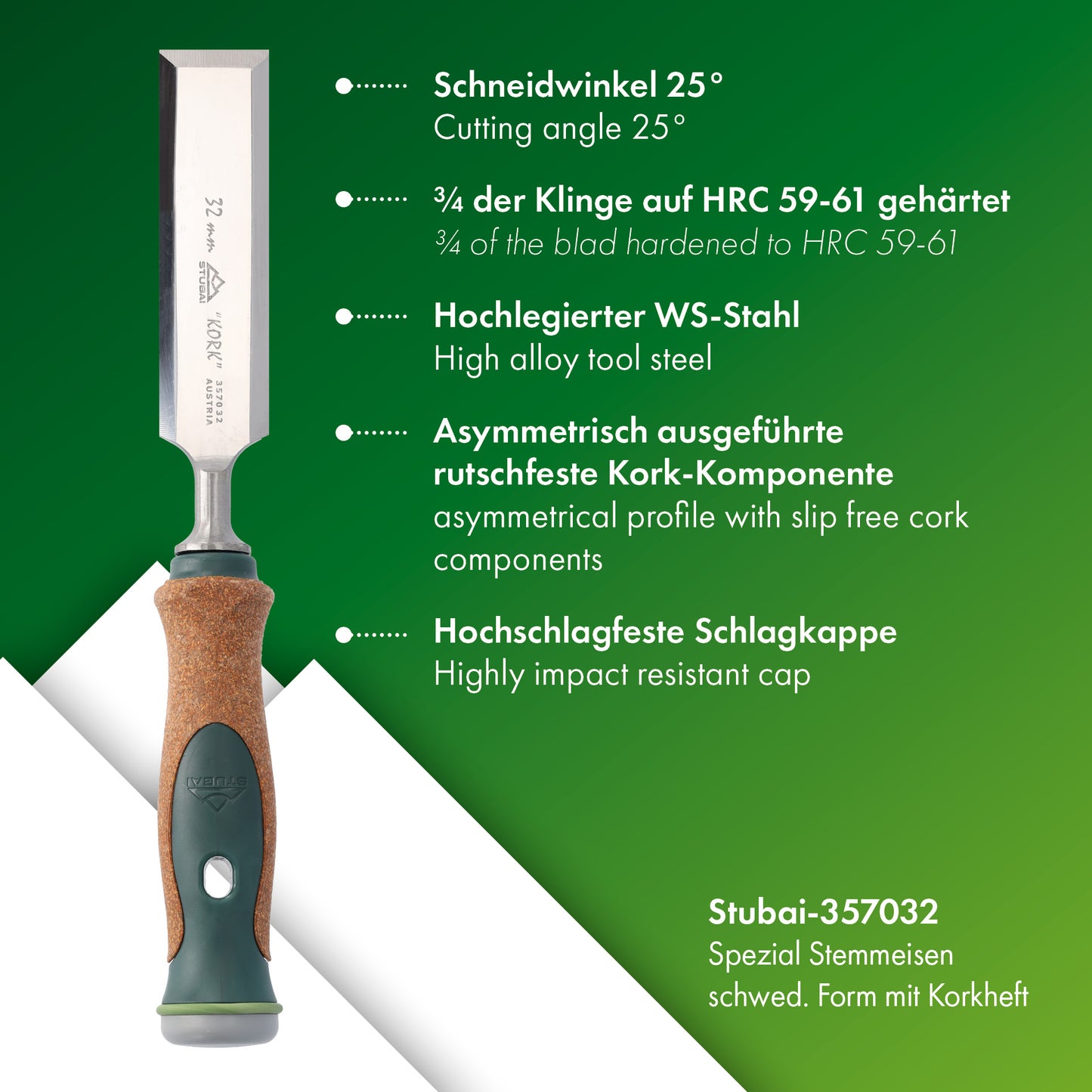 Stemmeisen mit rutschfestem Korkgriff aus nachhaltiger Herstellung, 32mm, STUBAI Stechbeitel zur präzisen Holzbearbeitung, Spezial Stecheisen