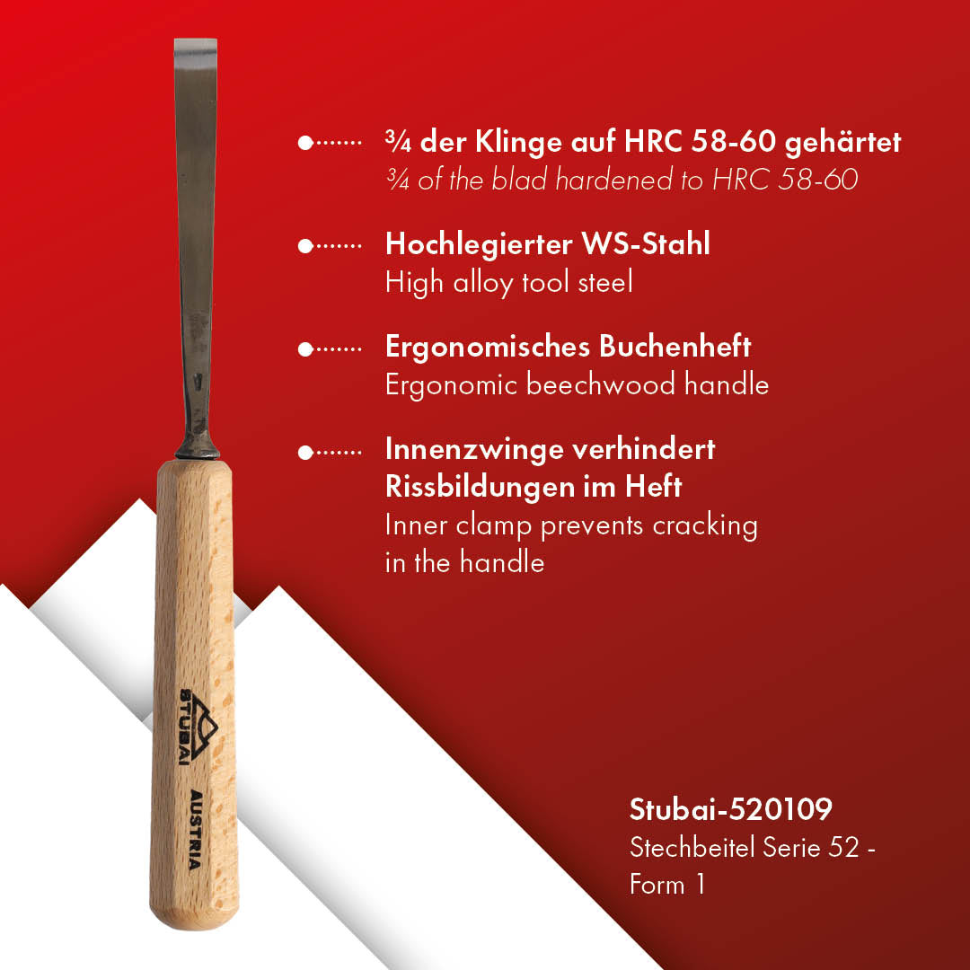 STUBAI Stemmeisen Stechbeitel Serie 52 - Form 1 | Gerades Balleisen 9 mm, mit Holzgriff, für glatte Flächen, zum Vorstechen, Kerb- und Reliefschnitzarbeiten, zur Bearbeitung von Holz