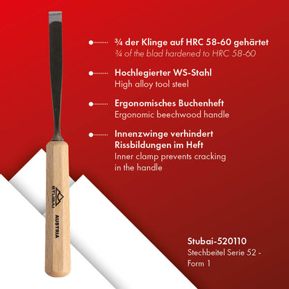 STUBAI Stemmeisen Stechbeitel Serie 52 - Form 1 | Gerades Balleisen 10 mm, mit Holzgriff, für glatte Flächen, zum Vorstechen, Kerb- und Reliefschnitzarbeiten, zur Bearbeitung von Holz