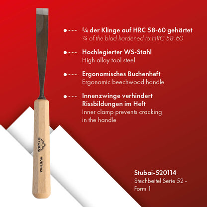 STUBAI Stemmeisen Stechbeitel Serie 52 - Form 1 | Gerades Balleisen 14 mm, mit Holzgriff, für glatte Flächen, zum Vorstechen, Kerb- und Reliefschnitzarbeiten, zur Bearbeitung von Holz