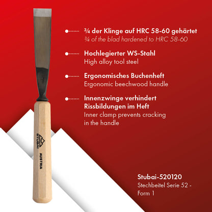 STUBAI Stemmeisen Stechbeitel Serie 52 - Form 1 | Gerades Balleisen 20 mm, mit Holzgriff, für glatte Flächen, zum Vorstechen, Kerb- und Reliefschnitzarbeiten, zur Bearbeitung von Holz