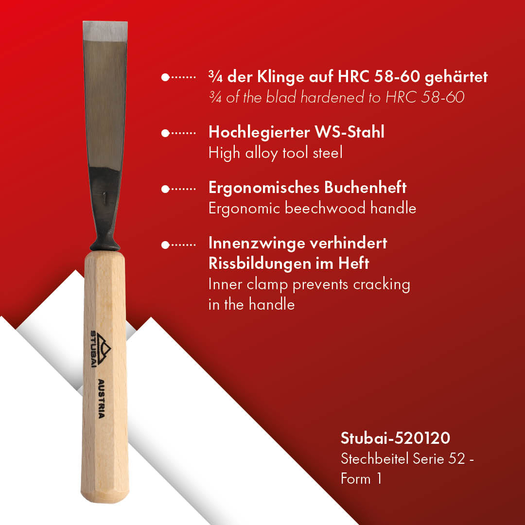 STUBAI Stemmeisen Stechbeitel Serie 52 - Form 1 | Gerades Balleisen 20 mm, mit Holzgriff, für glatte Flächen, zum Vorstechen, Kerb- und Reliefschnitzarbeiten, zur Bearbeitung von Holz