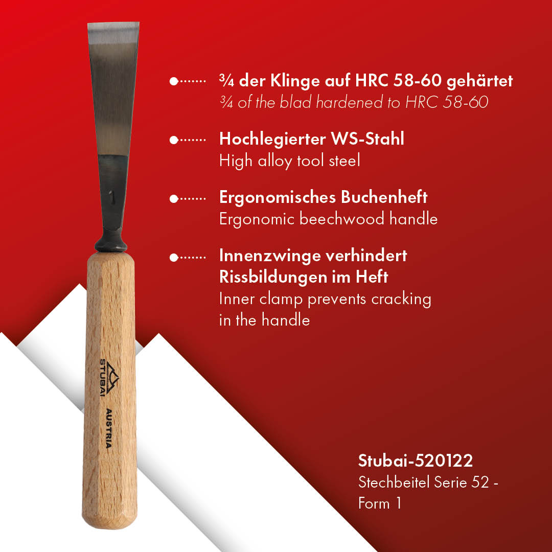 STUBAI Stemmeisen Stechbeitel Serie 52 - Form 1 | Gerades Balleisen 22 mm, mit Holzgriff, für glatte Flächen, zum Vorstechen, Kerb- und Reliefschnitzarbeiten, zur Bearbeitung von Holz