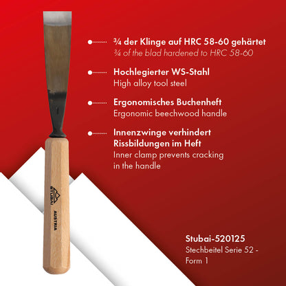 STUBAI Stemmeisen Stechbeitel Serie 52 - Form 1 | Gerades Balleisen 25 mm, mit Holzgriff, für glatte Flächen, zum Vorstechen, Kerb- und Reliefschnitzarbeiten, zur Bearbeitung von Holz