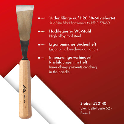 STUBAI Stemmeisen Stechbeitel Serie 52 - Form 1 | Gerades Balleisen 40 mm, mit Holzgriff, für glatte Flächen, zum Vorstechen, Kerb- und Reliefschnitzarbeiten, zur Bearbeitung von Holz