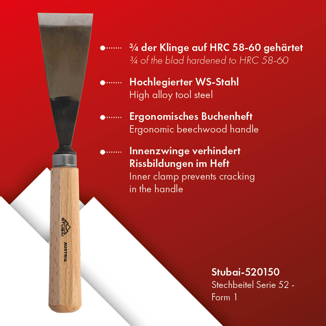 STUBAI Stemmeisen Stechbeitel Serie 52 - Form 1 | Gerades Balleisen 50 mm, mit Holzgriff, für glatte Flächen, zum Vorstechen, Kerb- und Reliefschnitzarbeiten, zur Bearbeitung von Holz