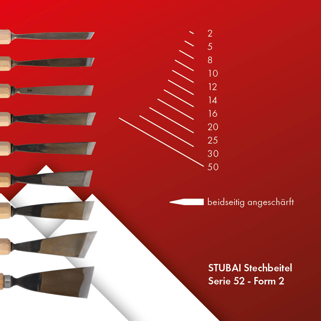 STUBAI Stemmeisen Stechbeitel Serie 52 - Form 2 | Gerades Balleisen, schräg - 16 mm, mit Holzgriff, für glatte Flächen, zum Vorstechen, Kerb- und Reliefschnitzarbeiten, zur Bearbeitung von Holz