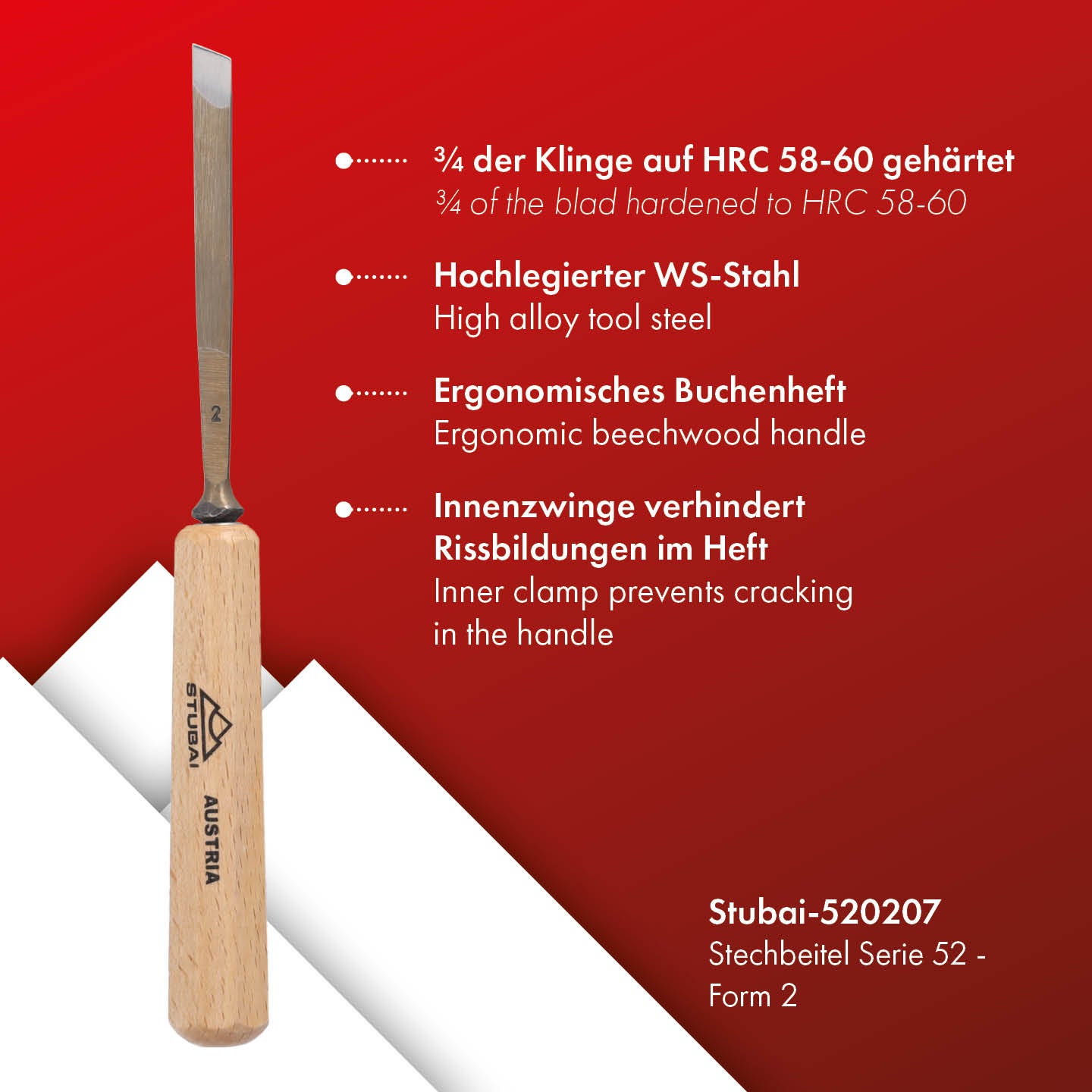 STUBAI Stemmeisen Stechbeitel Serie 52 - Form 2 | Gerades Balleisen, schräg - 7 mm, mit Holzgriff, für glatte Flächen, zum Vorstechen, Kerb- und Reliefschnitzarbeiten, zur Bearbeitung von Holz