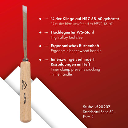 STUBAI Stemmeisen Stechbeitel Serie 52 - Form 2 | Gerades Balleisen, schräg - 7 mm, mit Holzgriff, für glatte Flächen, zum Vorstechen, Kerb- und Reliefschnitzarbeiten, zur Bearbeitung von Holz