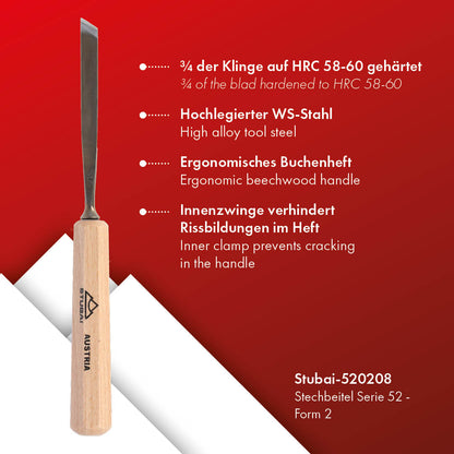 STUBAI Stemmeisen Stechbeitel Serie 52 - Form 2 | Gerades Balleisen, schräg - 10 mm, mit Holzgriff, für glatte Flächen, zum Vorstechen, Kerb- und Reliefschnitzarbeiten, zur Bearbeitung von Holz