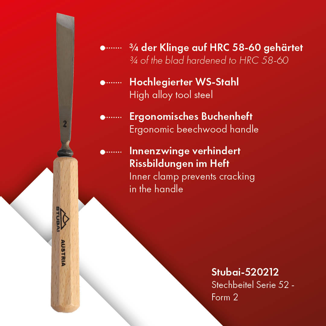 STUBAI Stemmeisen Stechbeitel Serie 52 - Form 2 | Gerades Balleisen, schräg - 12 mm, mit Holzgriff, für glatte Flächen, zum Vorstechen, Kerb- und Reliefschnitzarbeiten, zur Bearbeitung von Holz