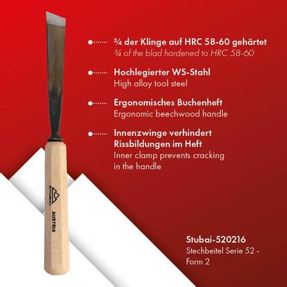 STUBAI Stemmeisen Stechbeitel Serie 52 - Form 2 | Gerades Balleisen, schräg - 16 mm, mit Holzgriff, für glatte Flächen, zum Vorstechen, Kerb- und Reliefschnitzarbeiten, zur Bearbeitung von Holz