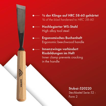 STUBAI Stemmeisen Stechbeitel Serie 52 - Form 2 | Gerades Balleisen, schräg - 20 mm, mit Holzgriff, für glatte Flächen, zum Vorstechen, Kerb- und Reliefschnitzarbeiten, zur Bearbeitung von Holz