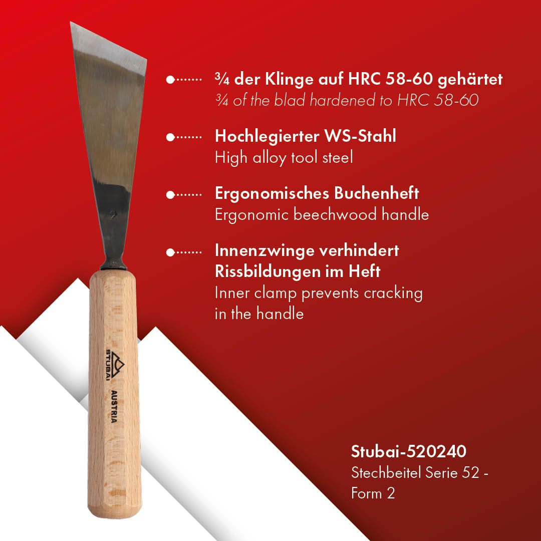 STUBAI Stemmeisen Stechbeitel Serie 52 - Form 2 | Gerades Balleisen, schräg - 40 mm, mit Holzgriff, für glatte Flächen, zum Vorstechen, Kerb- und Reliefschnitzarbeiten, zur Bearbeitung von Holz