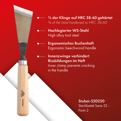 STUBAI Stemmeisen Stechbeitel Serie 52 - Form 2 | Gerades Balleisen, schräg - 50 mm, mit Holzgriff, für glatte Flächen, zum Vorstechen, Kerb- und Reliefschnitzarbeiten, zur Bearbeitung von Holz