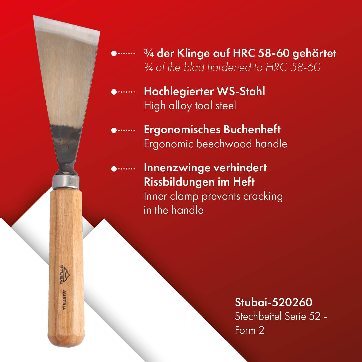 STUBAI Stemmeisen Stechbeitel Serie 52 - Form 2 | Gerades Balleisen, schräg - 60 mm, mit Holzgriff, für glatte Flächen, zum Vorstechen, Kerb- und Reliefschnitzarbeiten, zur Bearbeitung von Holz