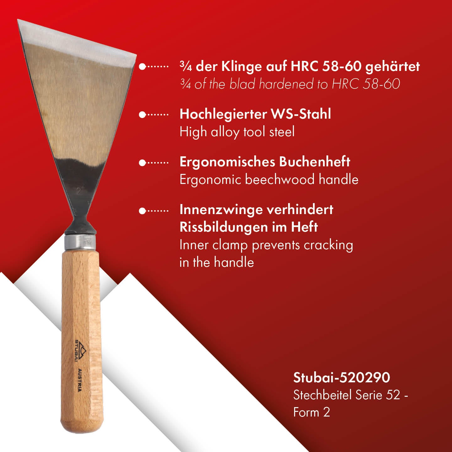 STUBAI Stemmeisen Stechbeitel Serie 52 - Form 2 | Gerades Balleisen, schräg - 90 mm, mit Holzgriff, für glatte Flächen, zum Vorstechen, Kerb- und Reliefschnitzarbeiten, zur Bearbeitung von Holz