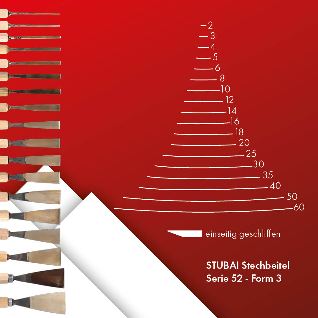 STUBAI Stemmeisen Stechbeitel Serie 52 - Form 3 | Gerades Flacheisen - 2 mm, mit Holzgriff, zum Vorstechen, für Anschlagarbeiten, Schrupparbeiten, Rosetten, zur Bearbeitung von Holz