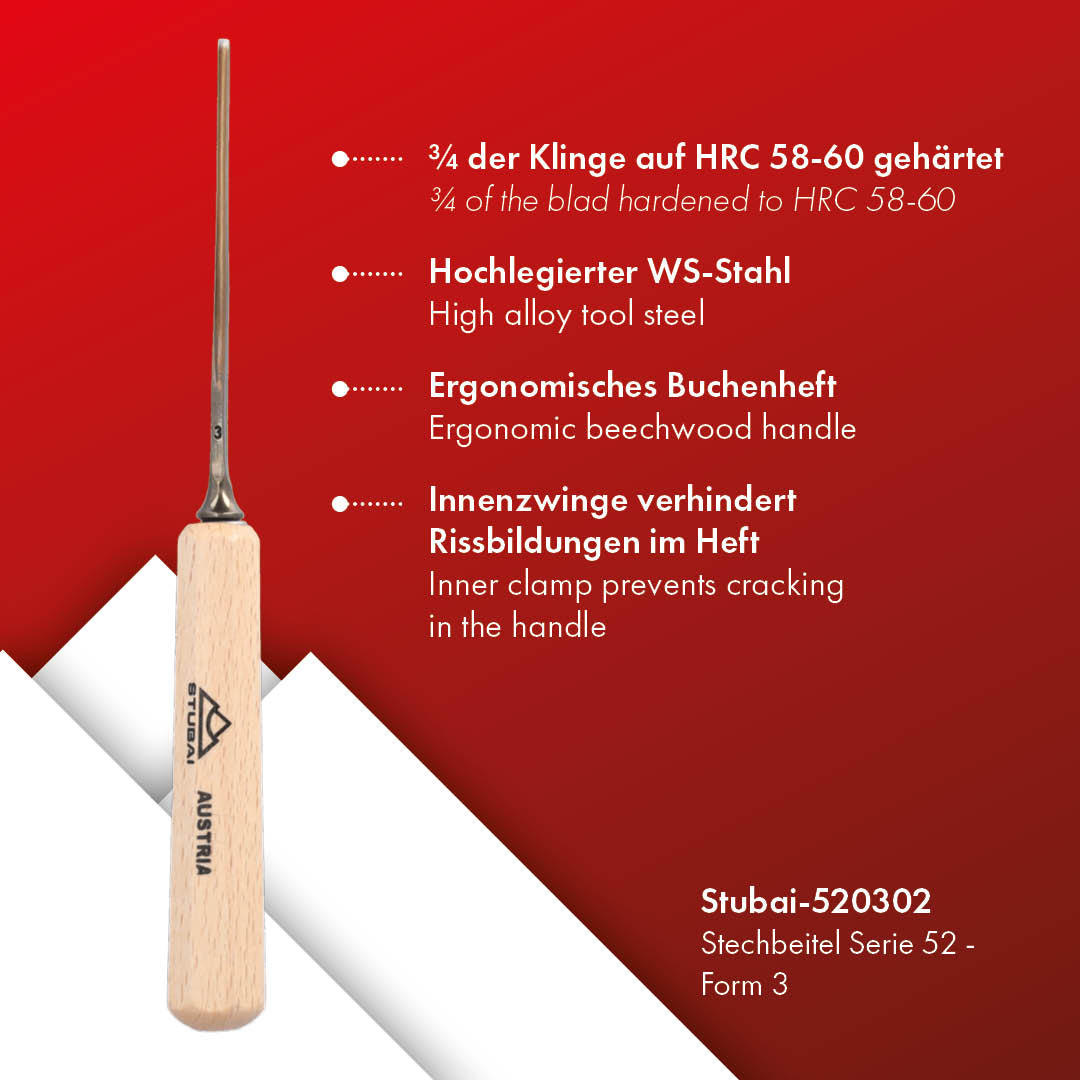 STUBAI Stemmeisen Stechbeitel Serie 52 - Form 3 | Gerades Flacheisen - 2 mm, mit Holzgriff, zum Vorstechen, für Anschlagarbeiten, Schrupparbeiten, Rosetten, zur Bearbeitung von Holz