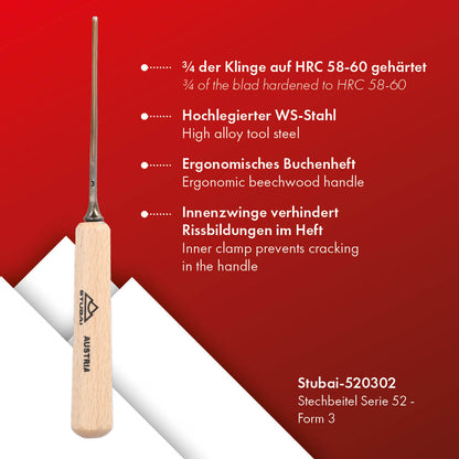 STUBAI Stemmeisen Stechbeitel Serie 52 - Form 3 | Gerades Flacheisen - 2 mm, mit Holzgriff, zum Vorstechen, für Anschlagarbeiten, Schrupparbeiten, Rosetten, zur Bearbeitung von Holz