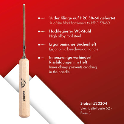 STUBAI Stemmeisen Stechbeitel Serie 52 - Form 3 | Gerades Flacheisen - 4 mm, mit Holzgriff, zum Vorstechen, für Anschlagarbeiten, Schrupparbeiten, Rosetten, zur Bearbeitung von Holz