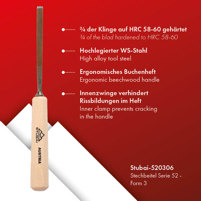 STUBAI Stemmeisen Stechbeitel Serie 52 - Form 3 | Gerades Flacheisen - 6 mm, mit Holzgriff, zum Vorstechen, für Anschlagarbeiten, Schrupparbeiten, Rosetten, zur Bearbeitung von Holz