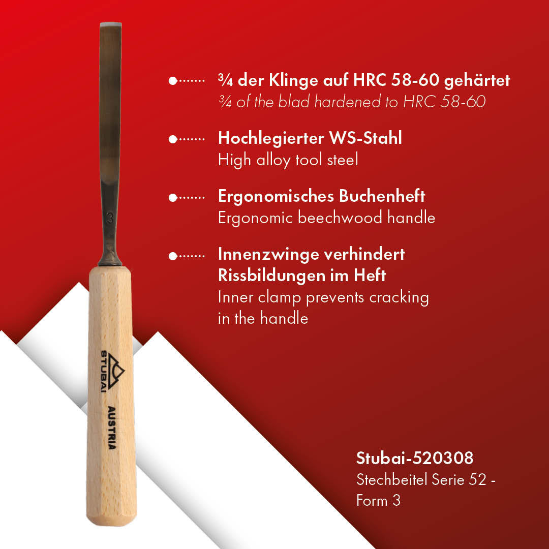 STUBAI Stemmeisen Stechbeitel Serie 52 - Form 3 | Gerades Flacheisen - 8 mm, mit Holzgriff, zum Vorstechen, für Anschlagarbeiten, Schrupparbeiten, Rosetten, zur Bearbeitung von Holz