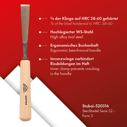 STUBAI Stemmeisen Stechbeitel Serie 52 - Form 3 | Gerades Flacheisen - 16 mm, mit Holzgriff, zum Vorstechen, für Anschlagarbeiten, Schrupparbeiten, Rosetten, zur Bearbeitung von Holz