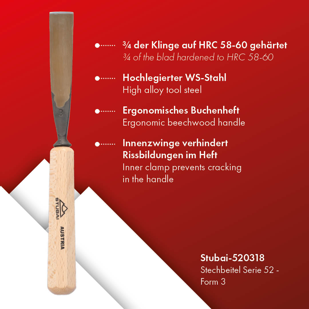 STUBAI Stemmeisen Stechbeitel Serie 52 - Form 3 | Gerades Flacheisen - 18 mm, mit Holzgriff, zum Vorstechen, für Anschlagarbeiten, Schrupparbeiten, Rosetten, zur Bearbeitung von Holz