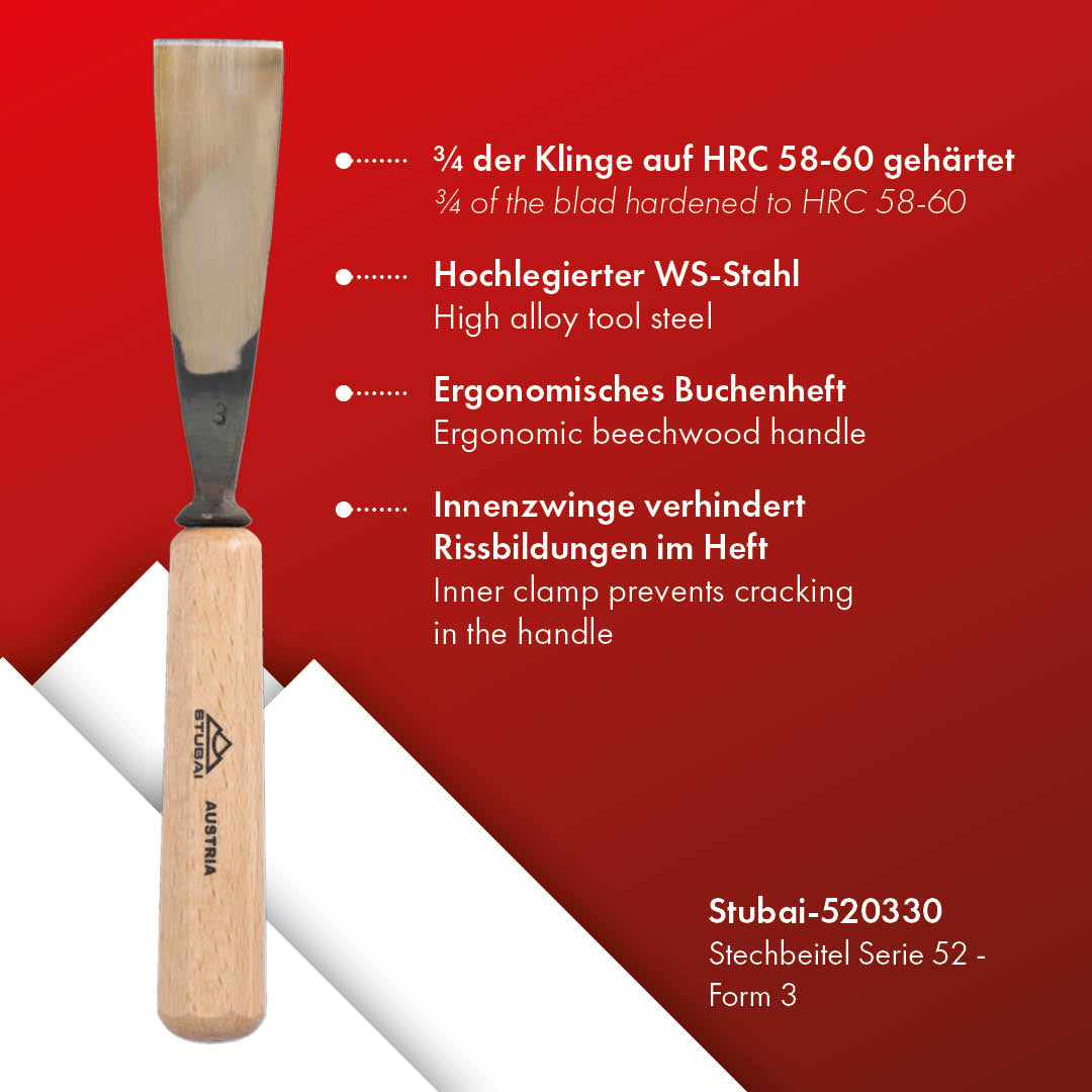 STUBAI Stemmeisen Stechbeitel Serie 52 - Form 3 | Gerades Flacheisen - 30 mm, mit Holzgriff, zum Vorstechen, für Anschlagarbeiten, Schrupparbeiten, Rosetten, zur Bearbeitung von Holz