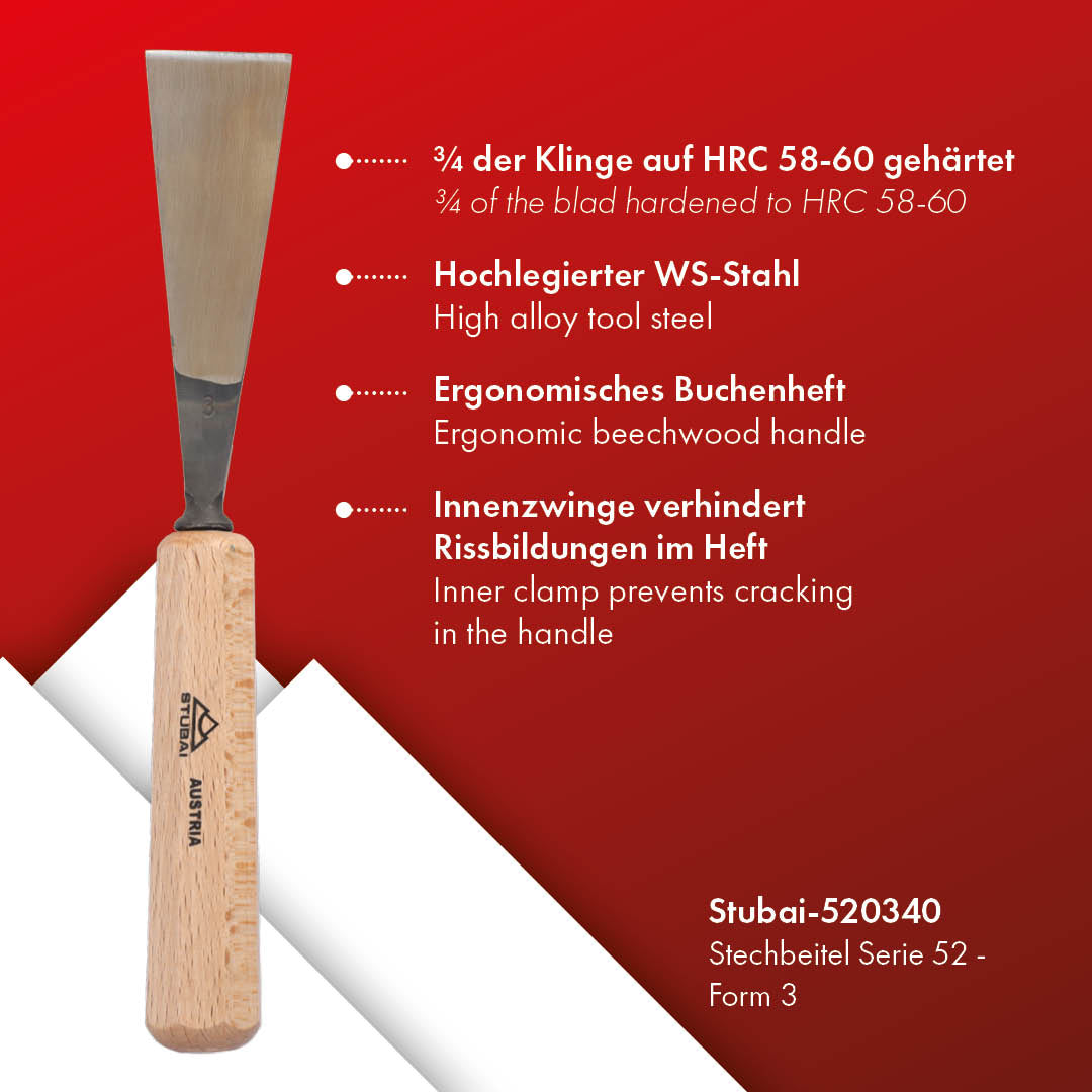 STUBAI Stemmeisen Stechbeitel Serie 52 - Form 3 | Gerades Flacheisen - 40 mm, mit Holzgriff, zum Vorstechen, für Anschlagarbeiten, Schrupparbeiten, Rosetten, zur Bearbeitung von Holz