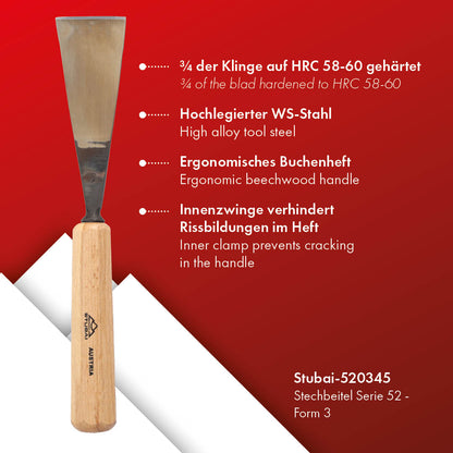 STUBAI Stemmeisen Stechbeitel Serie 52 - Form 3 | Gerades Flacheisen - 45 mm, mit Holzgriff, zum Vorstechen, für Anschlagarbeiten, Schrupparbeiten, Rosetten, zur Bearbeitung von Holz