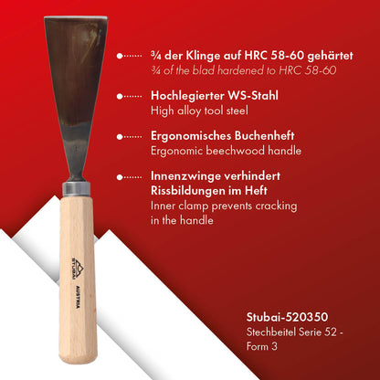 STUBAI Stemmeisen Stechbeitel Serie 52 - Form 3 | Gerades Flacheisen - 50 mm, mit Holzgriff, zum Vorstechen, für Anschlagarbeiten, Schrupparbeiten, Rosetten, zur Bearbeitung von Holz