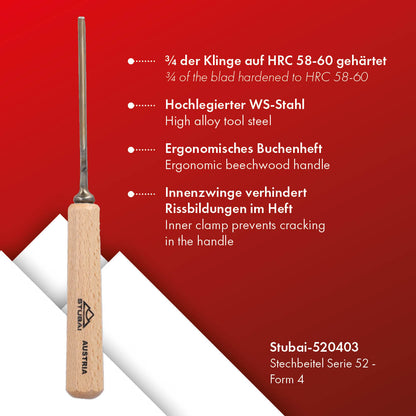 STUBAI Stemmeisen Stechbeitel Serie 52 - Form 4 | Gerades Flacheisen - 3 mm, mit Holzgriff, zum Vorstechen, für Anschlagarbeiten, Schrupparbeiten, Rosetten, zur Bearbeitung von Holz