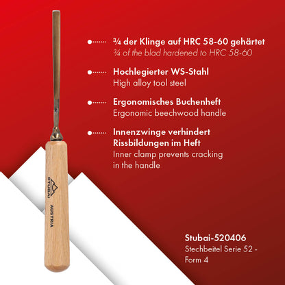 STUBAI Stemmeisen Stechbeitel Serie 52 - Form 4 | Gerades Flacheisen - 6 mm, mit Holzgriff, zum Vorstechen, für Anschlagarbeiten, Schrupparbeiten, Rosetten, zur Bearbeitung von Holz