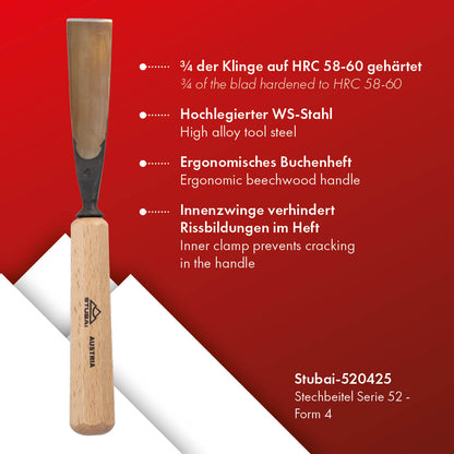 STUBAI Stemmeisen Stechbeitel Serie 52 - Form 4 | Gerades Flacheisen - 25 mm, mit Holzgriff, zum Vorstechen, für Anschlagarbeiten, Schrupparbeiten, Rosetten, zur Bearbeitung von Holz