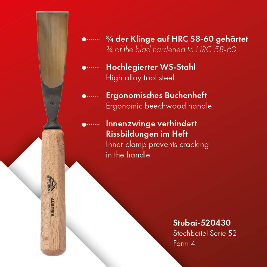 STUBAI Stemmeisen Stechbeitel Serie 52 - Form 4 | Gerades Flacheisen - 30 mm, mit Holzgriff, zum Vorstechen, für Anschlagarbeiten, Schrupparbeiten, Rosetten, zur Bearbeitung von Holz