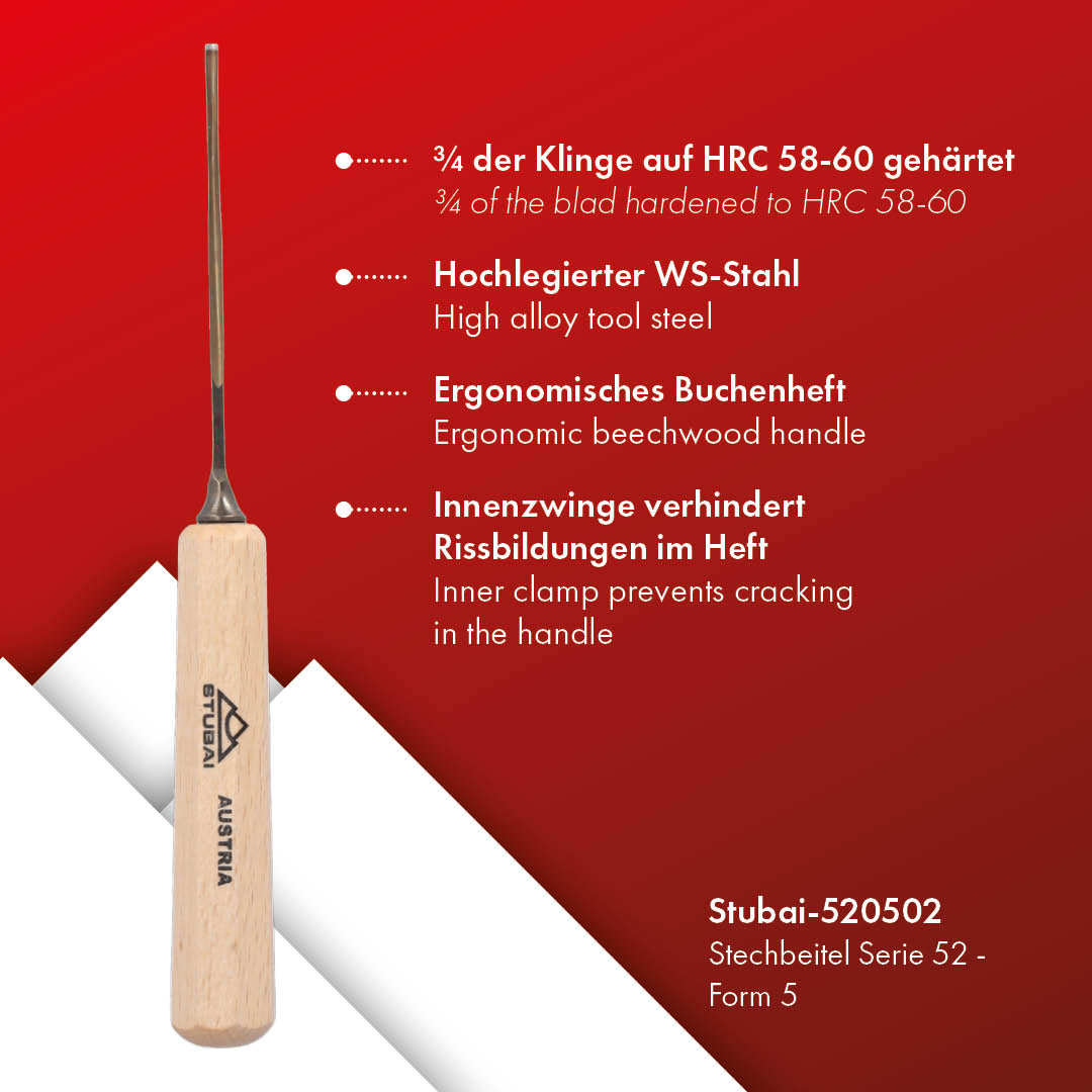 STUBAI Stemmeisen Stechbeitel Serie 52 - Form 5 | Gerades Hohleisen - 2 mm, mit Holzgriff, zum Vorstechen, für Anschlagarbeiten, Schrupparbeiten, Rosetten, zur Bearbeitung von Holz