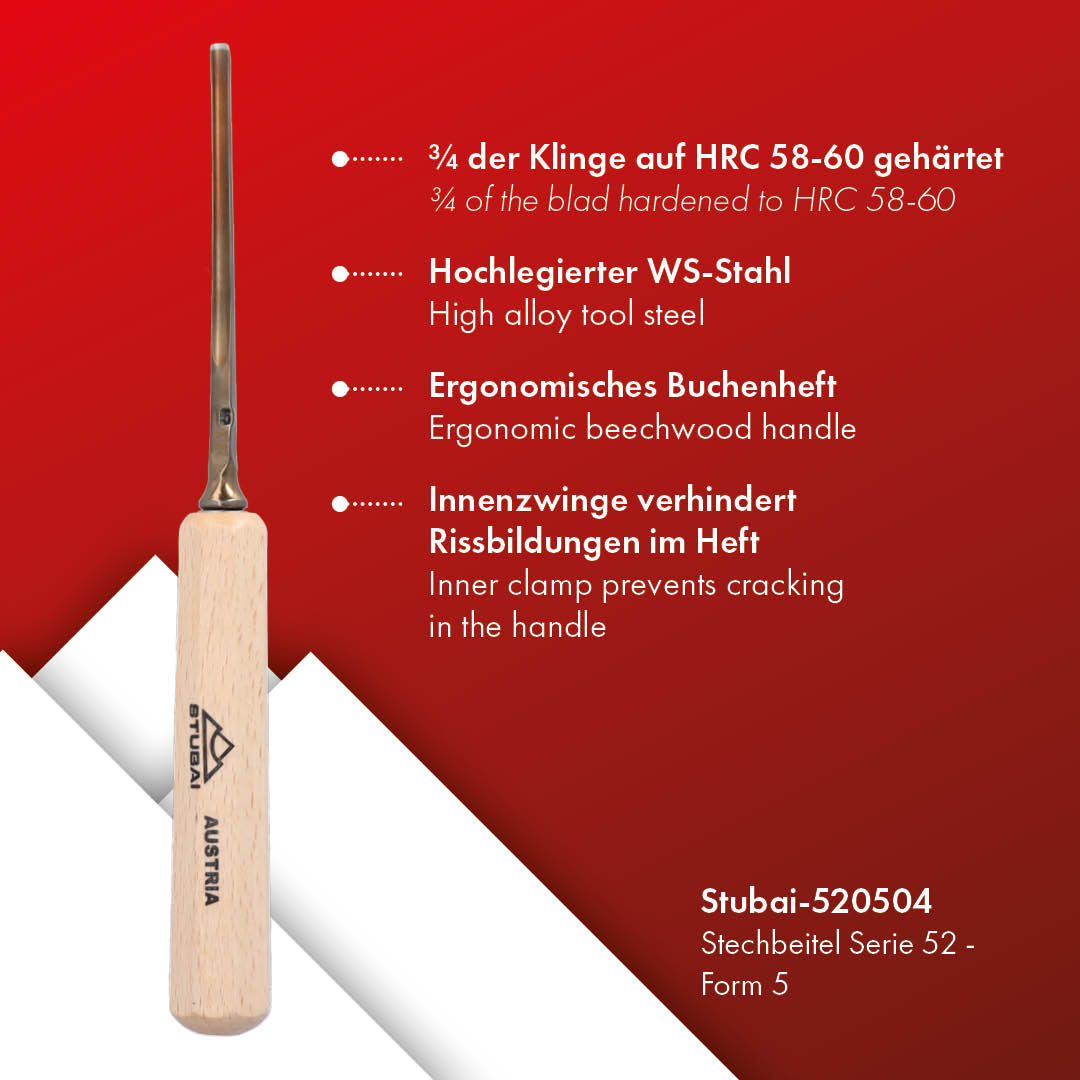 STUBAI Stemmeisen Stechbeitel Serie 52 - Form 5 | Gerades Hohleisen - 4 mm, mit Holzgriff, zum Vorstechen, für Anschlagarbeiten, Schrupparbeiten, Rosetten, zur Bearbeitung von Holz