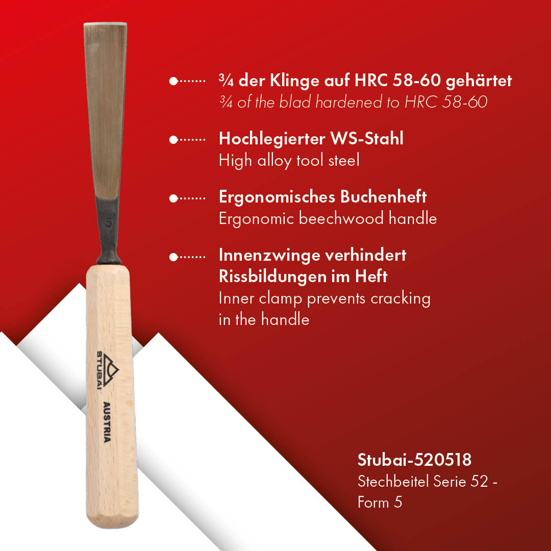 STUBAI Stemmeisen Stechbeitel Serie 52 - Form 5 | Gerades Hohleisen - 18 mm, mit Holzgriff, zum Vorstechen, für Anschlagarbeiten, Schrupparbeiten, Rosetten, zur Bearbeitung von Holz